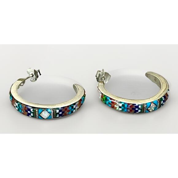 Native American ZUNI Sterling Silver Multi Gem Micro Inlay Hoop Earrings Signed - Picture 9 of 15